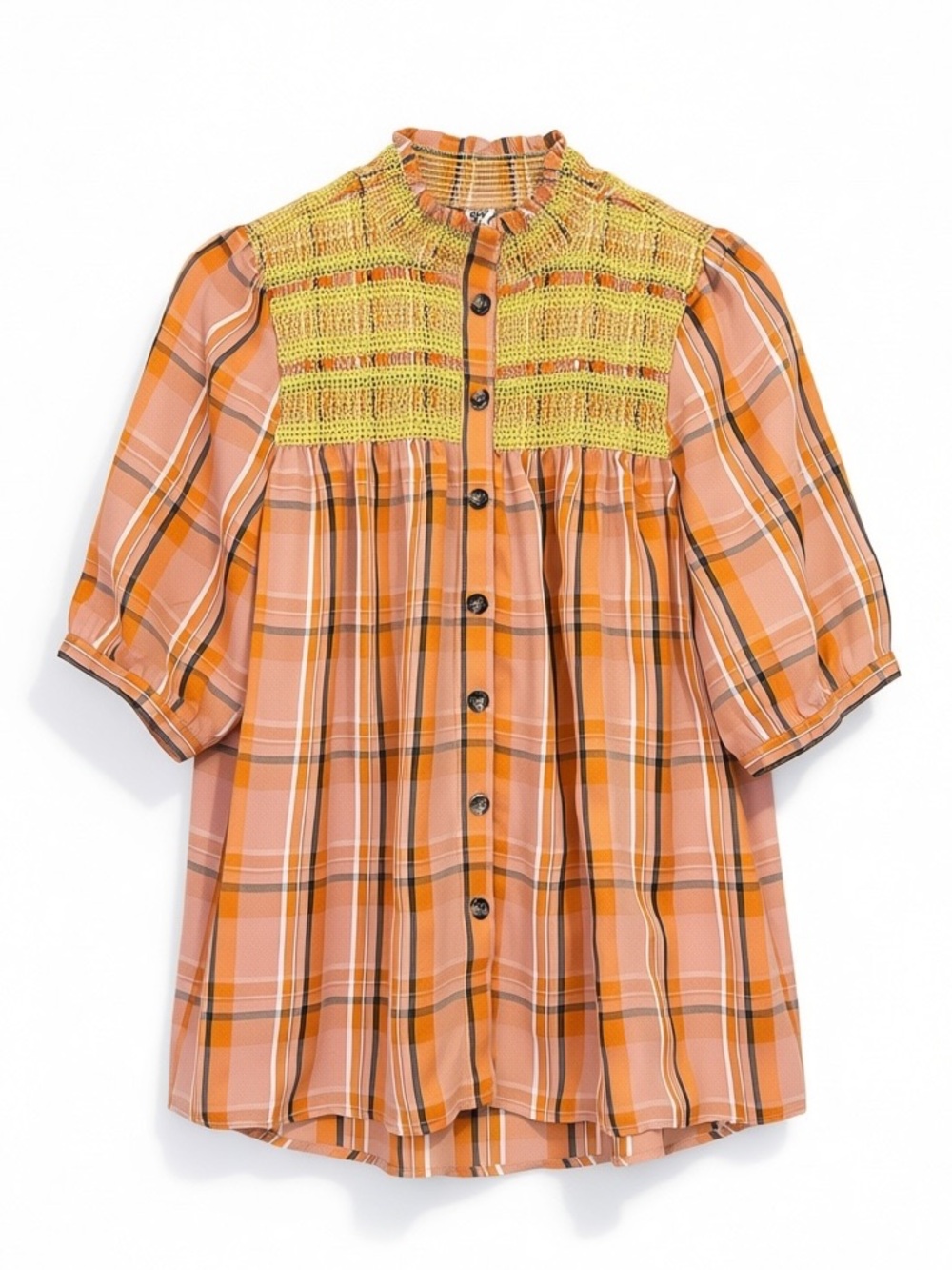 Ivy Jane Plaid Smocked Puff Sleeve High Collar Button Up Top Size Medium